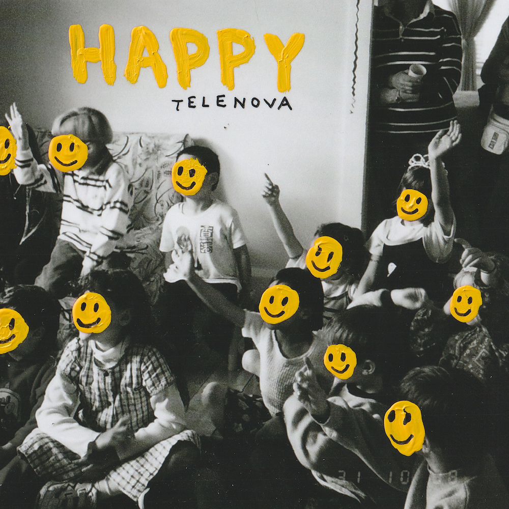 Single cover for Happy by Telenova featuring a vintage black-and-white photo of children with yellow smiley faces drawn over them.